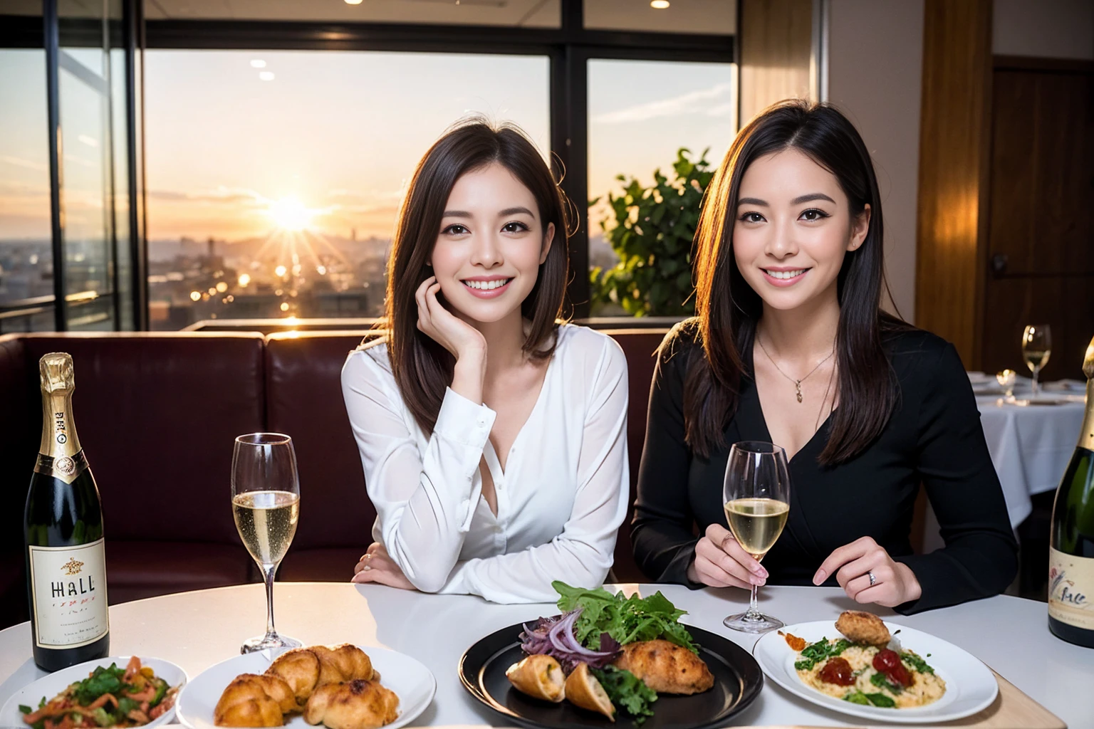 ((Highest quality、、masterpiece:1.3))、1 male、1 female、spouse、Beautiful couple、smile、full-course dinner、 (Slim face), (the body is スリム), (Brown Hair), (Shortcuts), ((Bob Hale、Straight hair:1.2)), テーブルの上のwine glass、Put the light on your face、 Amazing view of the sunset sky and clouds、smileの美しさ、Bright image、Blushing, Shortcuts, (43 years old), 39 years old, Appetizers、Italian food、Wine bottle、Champagne、sparkling wine、Long sleeve shirt、dress、Attractive beauty、restaurant, Nova Frog Style, actress, model, Upper Body, White wine, red wine, wine glass,
