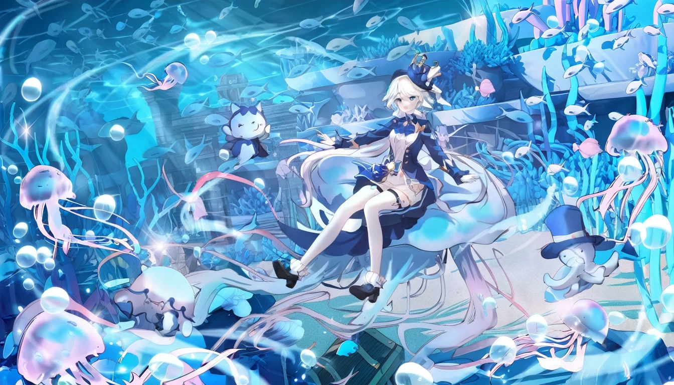 Anime girl sitting on a jellyfish,Surrounded by jellyfish and corals, Ink art anime loli, Wallpaper Anime Blue Water, Azur route style, Anime fantasy illustration, From the Azur Lane video game, Beautiful fantasy anime, Popular on artstation pixiv, Zerochan art, Azur Lane Characters, Anime Fantasy Artwork, Very beautiful anime girl