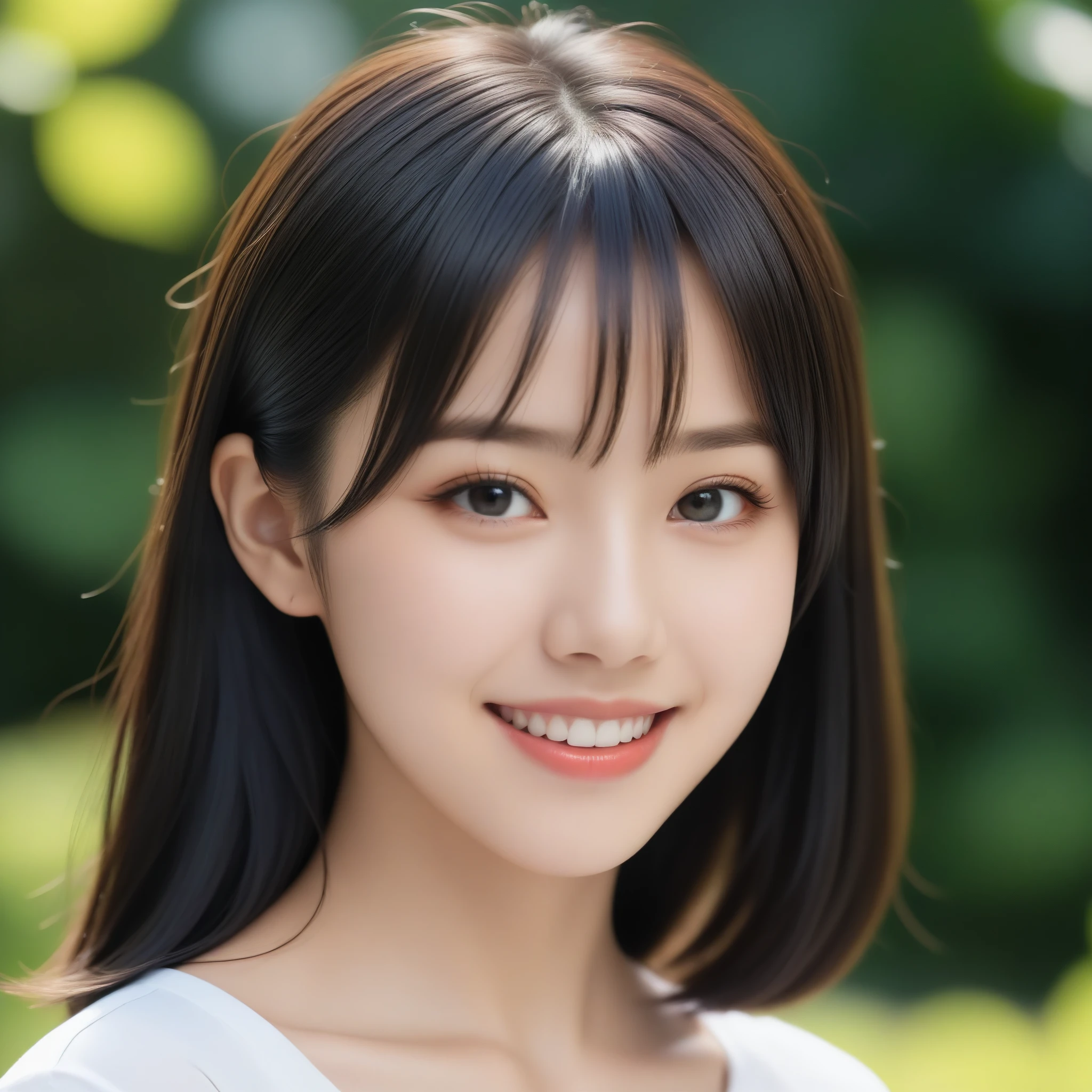 8K, Ultra-high resolution, Highest quality, masterpiece, 三分割法によるphotograph,Surreal, photograph, 1 girl, (16 years old:1.3), pretty girl, Cute face, Beautiful eyes in every detail, 細かくdetailedに,masterpiece,, One Girl:1.2, Japan Female Announcer,whole body、Black Hair、well-groomed eyebrows、Cute Lip Makeup、Urban area,Sprinkling water with a hose,summer,Sparkling sunlight,White T-shirt,Cute gestures、so beautiful,A carefree smile,Healing the heart,blunt bangs,Looking at the audience、beauty,Long neck、Laugh a little、Please close your mouth and laugh、(((Ideal body type))),A-cup small breasts :2,、Portraiture:2、Perfect Anatomy、鮮明なdetailed、detailed、Surreal、Light and shadow,Strong light