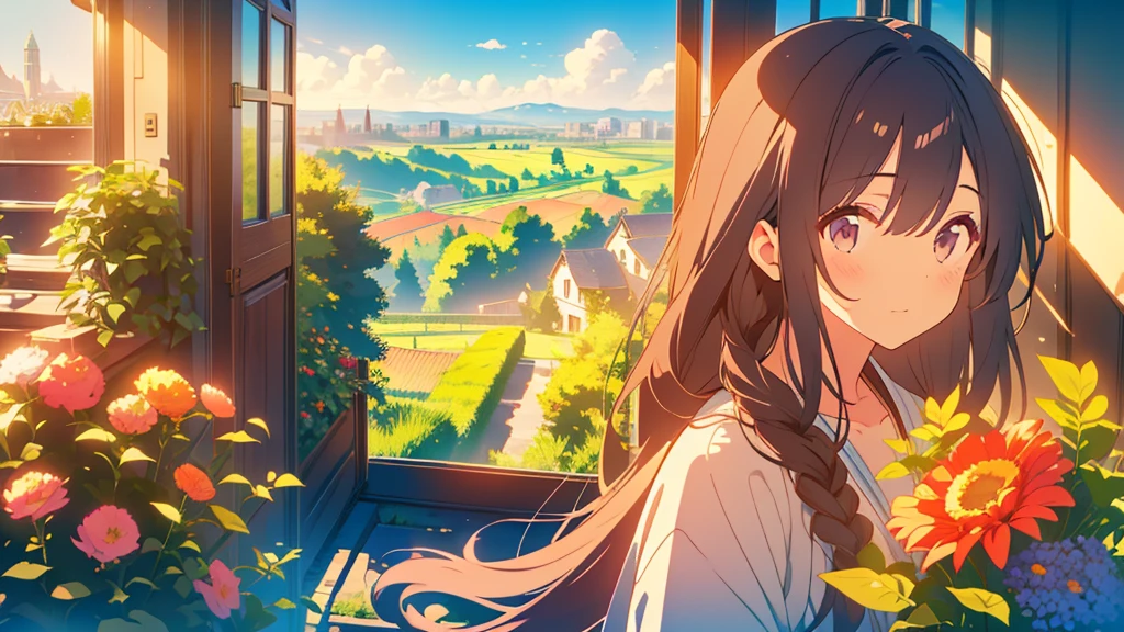 masterpiece,Highest quality,One girl,Hair color is brown,Kind eyes,Gradient Hair,countryside,Cityscape,sunlight,Flowers and plants,blue sky,scenery,afternoon,Light perception,Soft sunlight,