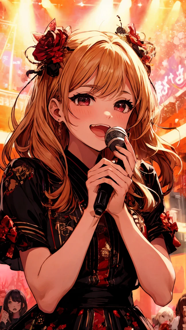 Very cute and beautiful K-POP female idols, singing at live stage in ゴンドラ,
break,
Face close-up, Singing scene, Dress scene, Looking at the audience, Photographed from the front、頭の先から足先まで全身スタイル
break,
Expressing idols in bright colors, Colorful idol dresses, Expressing the idol's singing voice with warm colors