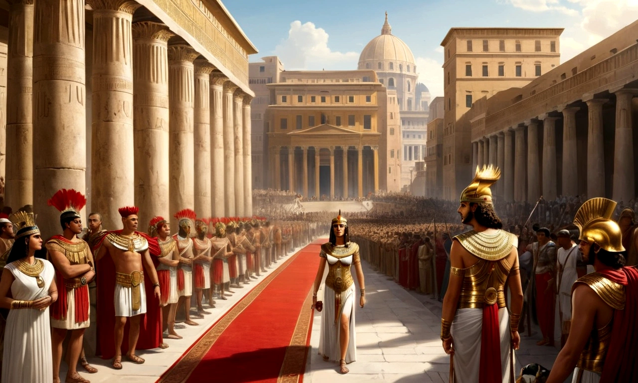 pintura mostra Júlio Caesar e Cleopatra caminhando de mãos dadas em uma cidade antiga. Caesar, To the left, wears golden armor with red details, symbolizing its military power. Cleopatra, on the right, wears a white and gold dress with a crown, reflecting your Egyptian royalty. They are surrounded by a crowd against a backdrop of columns and majestic buildings. The scene captures grandeur and romance, highlighting the union between Rome and Egypt at a historic moment.