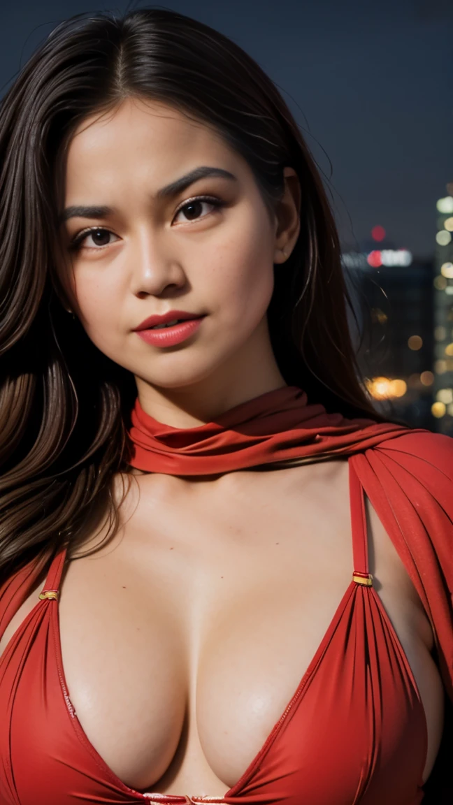 A woman with ((red cape)), Realistic, Photorealistic, 8K, Masterpiece, Best Quality, High Definition, Live Action, RAW Photo, Single Woman, Beautiful Body,Cleavage, Sexy, red Competitive Swimsuit and panties, on top of the building, superhero pose, ((night time))