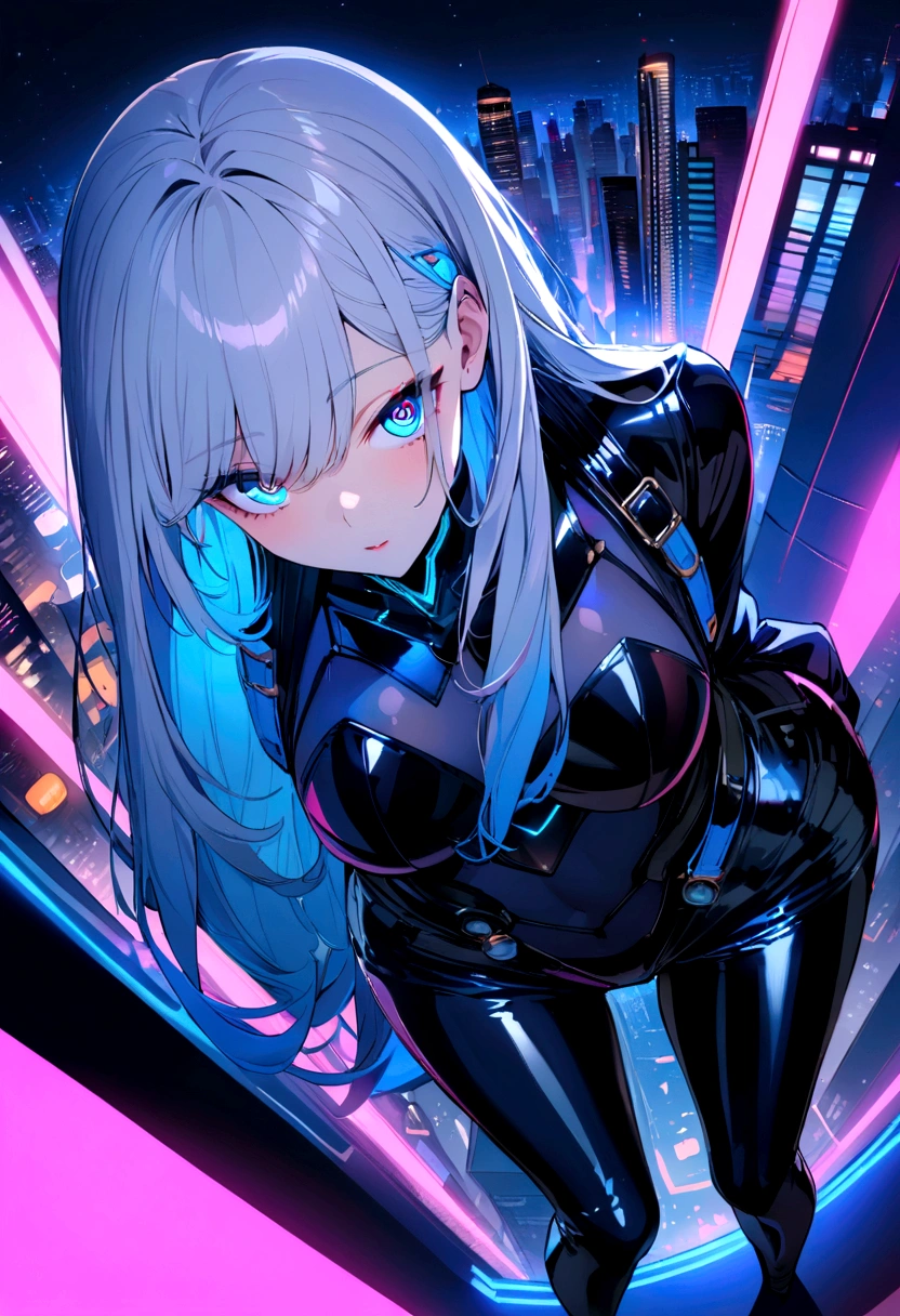 (masterpiece), (Highest quality), Ultra-high resolution, Sharp focus, ((1 female, alone)), whole body, Cyberpunk Theme, Beautiful detailed hair, Light blue hair, long hair hangs down, Beautifully detailed face, ((Beautifully shaped eyes, blue eyes)), Perfect feminine face, View your audience, Feminine navy blue patent leather cyberpunk outfit,refined armor, Brightly colored city neon lights, (At night:1.2),Large backpack