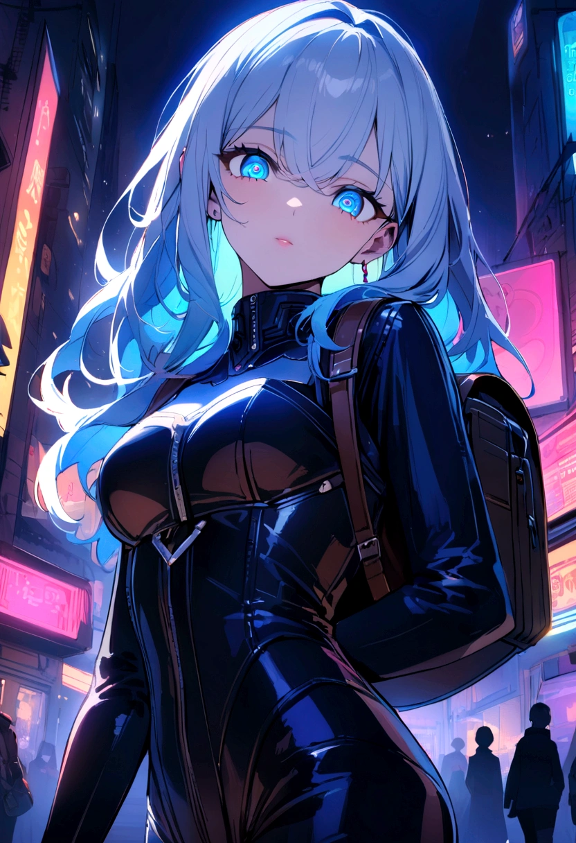 (masterpiece), (Highest quality), Ultra-high resolution, Sharp focus, ((1 female, alone)), whole body, Cyberpunk Theme, Beautiful detailed hair, Light blue hair, long hair hangs down, Beautifully detailed face, ((Beautifully shaped eyes, blue eyes)), Perfect feminine face, View your audience, Feminine navy blue patent leather cyberpunk outfit,refined armor, Brightly colored city neon lights, (At night:1.2),Large backpack