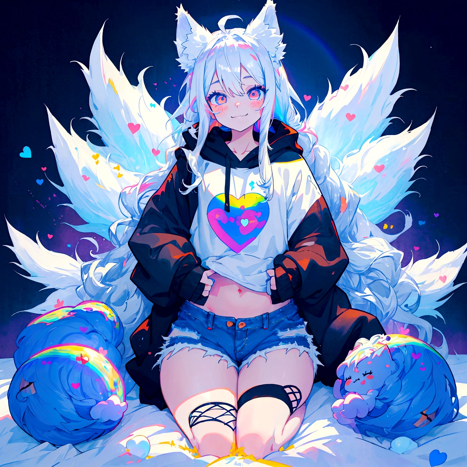 a cute adult male with wolf ears, long white hair, long locks, has a wolf tail, wearing a loose cropped black hoodie, wearing a pair of denim short shorts and fishnet stockings, thick thighs, wide hips, relaxing on mountain of fluffy multi colored kawaii plushies, short, very slim, showing slender tummy, heart on hoodie, squishy thighs, has glowing blue eyes. alone, solo (ALONE)(SOLO), surrounded by rainbows, colorful galaxy backround, smiling, ontop of a pile of fluffy plushes, plushies everywhere, kawaii plushies