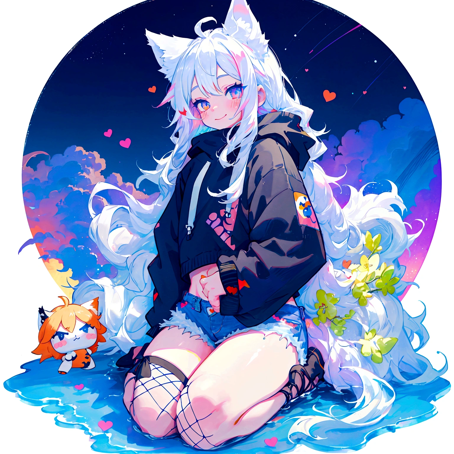 a cute adult male with wolf ears, long white hair, long locks, has a wolf tail, wearing a loose cropped black hoodie, wearing a pair of denim short shorts and fishnet stockings, thick thighs, wide hips, relaxing on mountain of fluffy multi colored kawaii plushies, short, very slim, showing slender tummy, heart on hoodie, squishy thighs, has glowing blue eyes. alone, solo (ALONE)(SOLO), surrounded by rainbows, colorful galaxy backround, smiling, ontop of a pile of fluffy plushes, plushies everywhere, kawaii plushies