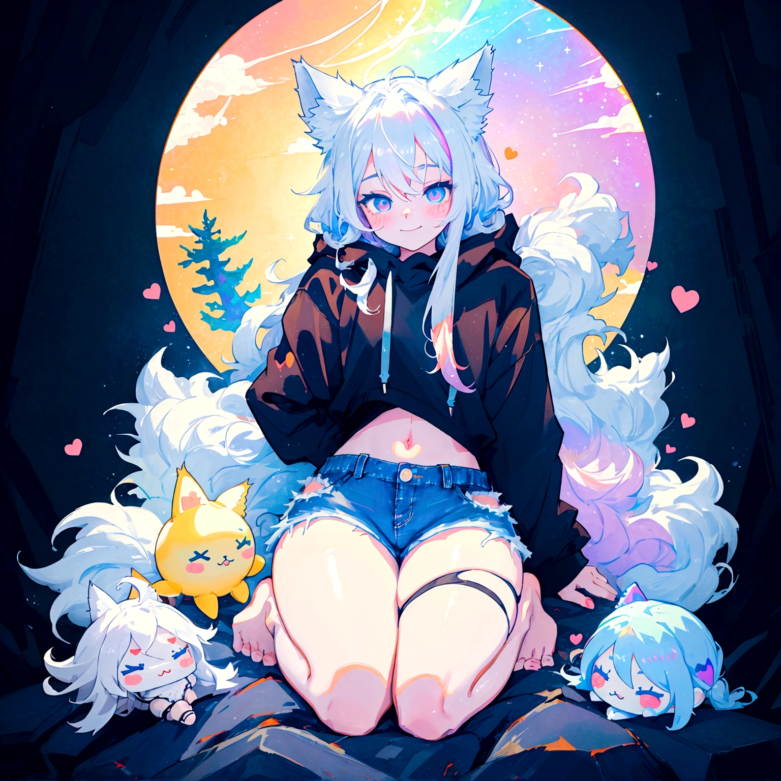 a cute adult male with wolf ears, long white hair, long locks, has a wolf tail, wearing a loose cropped black hoodie, wearing a pair of denim short shorts and fishnet stockings, thick thighs, wide hips, relaxing on mountain of fluffy multi colored kawaii plushies, short, very slim, showing slender tummy, heart on hoodie, squishy thighs, has glowing blue eyes. alone, solo (ALONE)(SOLO), surrounded by rainbows, colorful galaxy backround, smiling, ontop of a pile of fluffy plushes, plushies everywhere, kawaii plushies