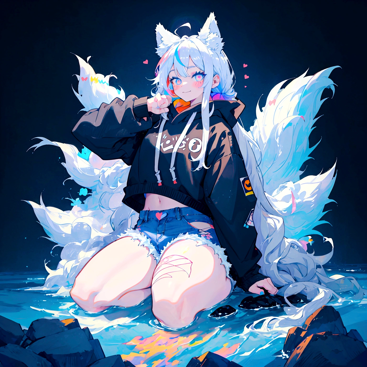 a cute adult male with wolf ears, long white hair, long locks, has a wolf tail, wearing a loose cropped black hoodie, wearing a pair of denim short shorts and fishnet stockings, thick thighs, wide hips, relaxing on mountain of fluffy multi colored kawaii plushies, short, very slim, showing slender tummy, heart on hoodie, squishy thighs, has glowing blue eyes. alone, solo (ALONE)(SOLO), surrounded by rainbows, colorful galaxy backround, smiling, ontop of a pile of fluffy plushes, plushies everywhere, kawaii plushies