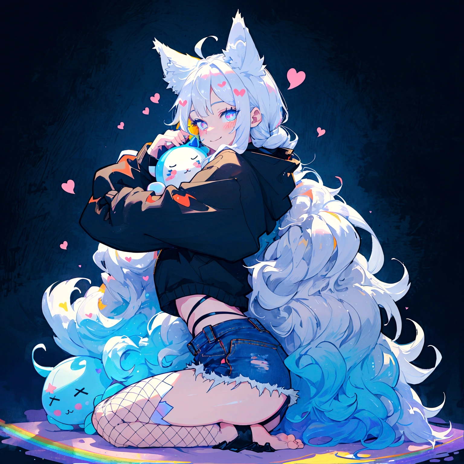 a cute adult male with wolf ears, long white hair, long locks, has a wolf tail, wearing a loose cropped black hoodie, wearing a pair of denim short shorts and fishnet stockings, thick thighs, wide hips, relaxing on mountain of fluffy multi colored kawaii plushies, short, very slim, showing slender tummy, heart on hoodie, squishy thighs, has glowing blue eyes. alone, solo (ALONE)(SOLO), surrounded by rainbows, colorful galaxy backround, smiling, ontop of a pile of fluffy plushes, plushies everywhere, kawaii plushies
