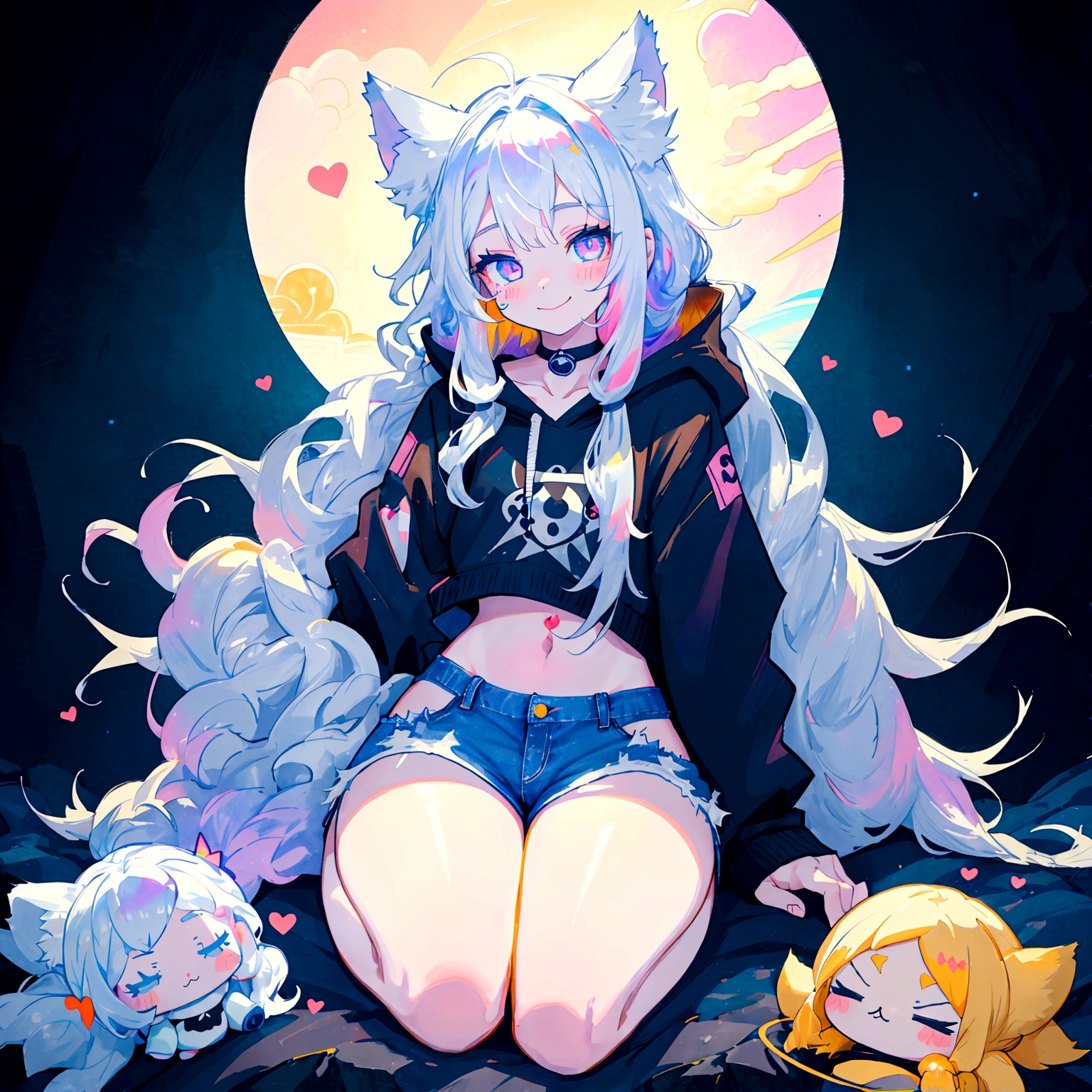 a cute adult male with wolf ears, long white hair, long locks, has a wolf tail, wearing a loose cropped black hoodie, wearing a pair of denim short shorts and fishnet stockings, thick thighs, wide hips, relaxing on mountain of fluffy multi colored kawaii plushies, short, very slim, showing slender tummy, heart on hoodie, squishy thighs, has glowing blue eyes. alone, solo (ALONE)(SOLO), surrounded by rainbows, colorful galaxy backround, smiling, ontop of a pile of fluffy plushes, plushies everywhere, kawaii plushies