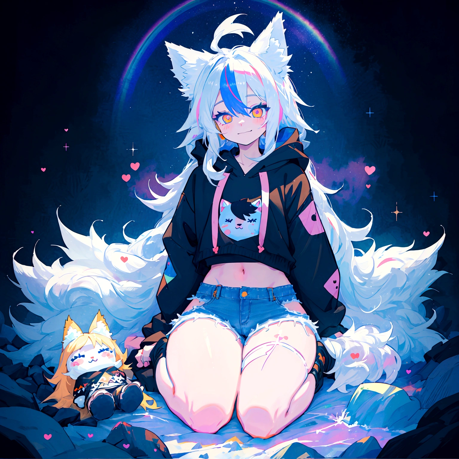 a cute adult male with wolf ears, long white hair, long locks, has a wolf tail, wearing a loose cropped black hoodie, wearing a pair of denim short shorts and fishnet stockings, thick thighs, wide hips, relaxing on mountain of fluffy multi colored kawaii plushies, short, very slim, showing slender tummy, heart on hoodie, squishy thighs, has glowing blue eyes. alone, solo (ALONE)(SOLO), surrounded by rainbows, colorful galaxy backround, smiling, ontop of a pile of fluffy plushes, plushies everywhere, kawaii plushies