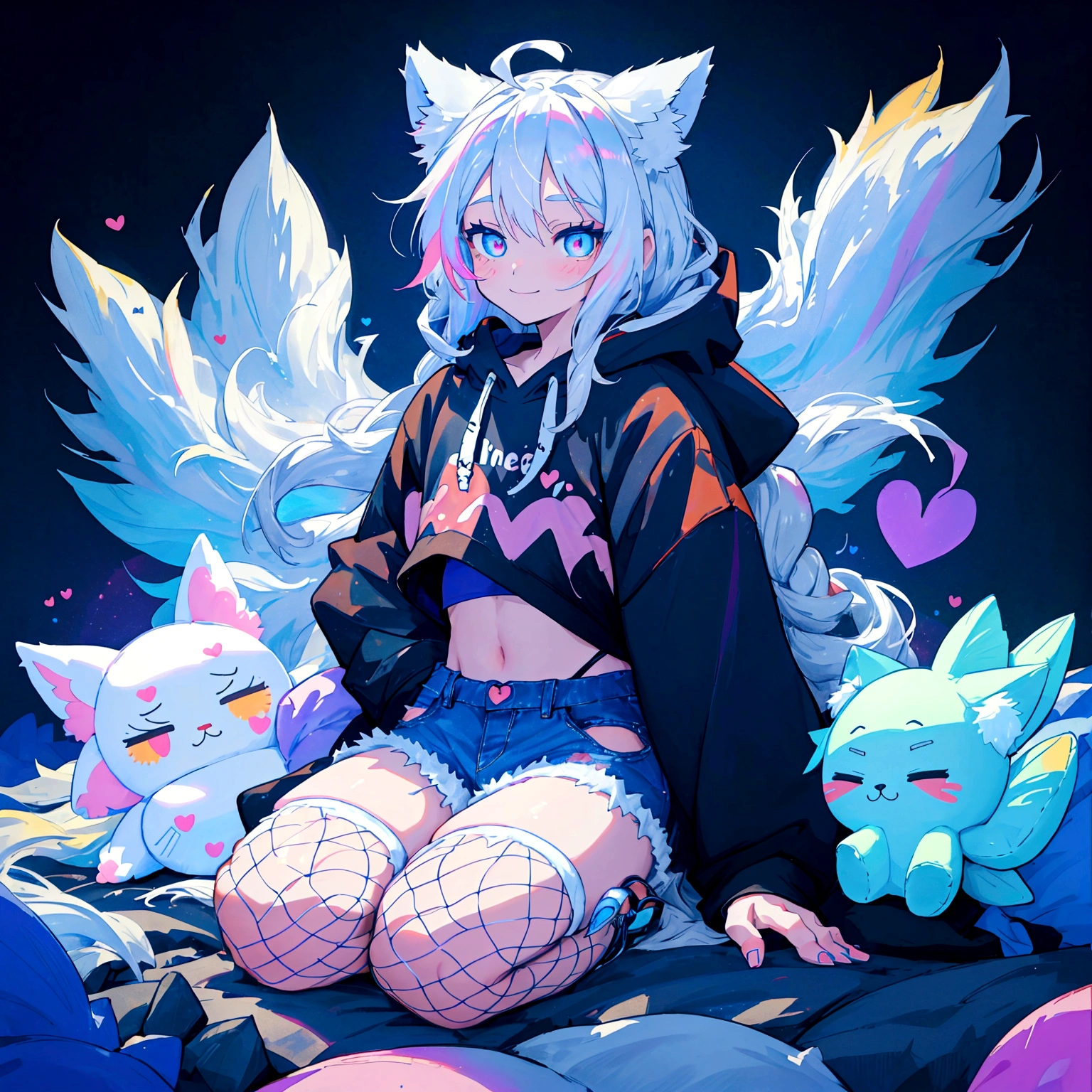 a cute adult male with wolf ears, long white hair, long locks, has a wolf tail, wearing a loose cropped black hoodie, wearing a pair of denim short shorts and fishnet stockings, thick thighs, wide hips, relaxing on mountain of fluffy multi colored kawaii plushies, short, very slim, showing slender tummy, heart on hoodie, squishy thighs, has glowing blue eyes. alone, solo (ALONE)(SOLO), surrounded by rainbows, colorful galaxy backround, smiling, ontop of a pile of fluffy plushes, plushies everywhere, kawaii plushies