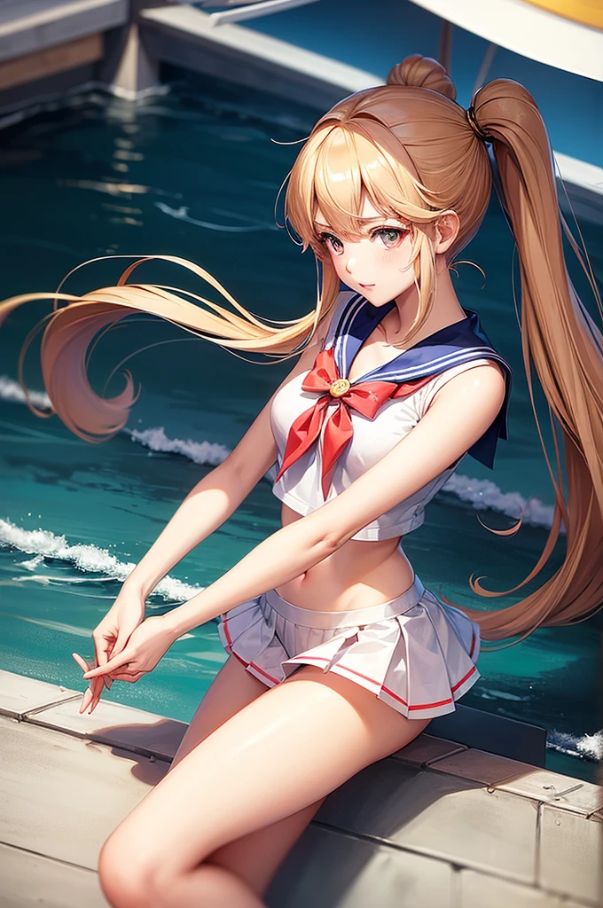 リアルphotograph、The real picture、Best image quality、プールサイドでポーズをとるSailor suitの金髪の女の子, anime girl , photograph, anime , Sailor Venus 、A style that shows off white panties, Anne Takamaki from Persona 5, Ayaka , Sailor suit, junko enoshima, Azur Lane Style, summer、, Sailor Moon!!!!!!!!, - Artist: Sailor Moon, anime girl in real life, advertisement