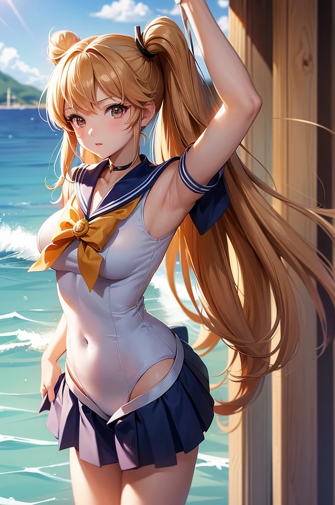 リアルphotograph、The real picture、Best image quality、プールサイドでポーズをとるSailor suitの金髪の女の子, anime girl , photograph, anime , Sailor Venus 、A style that shows off white , Anne Takamaki from Persona 5, Ayaka , Sailor suit, junko enoshima, Azur Lane Style, summer、, Sailor Moon!!!!!!!!, - Artist: Sailor Moon, anime girl in real life, advertisement