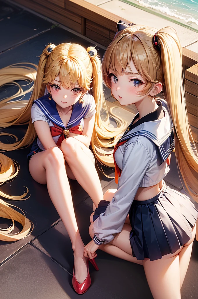 リアルphotograph、The real picture、Best image quality、プールサイドでポーズをとるSailor suitの金髪の女の子, anime girl , photograph, anime , Sailor Venus 、A style that shows off white panties, Anne Takamaki from Persona 5, Ayaka , Sailor suit, junko enoshima, Azur Lane Style, summer、, Sailor Moon!!!!!!!!, - Artist: Sailor Moon, anime girl in real life, advertisement