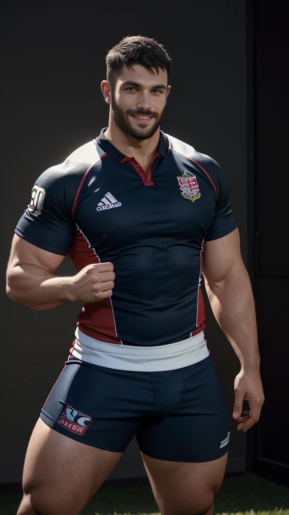 1 handsome man rugby player ,Full body, rugby player wearing sport tight pants, lifting shirt, pubic hair, rugby esportive uniform, wearing team rugby uniform, Black wavy short hair fade , nice big eyes, 30yo man with large smile, large detailed lips, hugby armor, hard light, muscular chest, long legs, staring at camera, arm tribal tattoo, Wide shoulders, infinite background, colorful uniform, vivid colors.