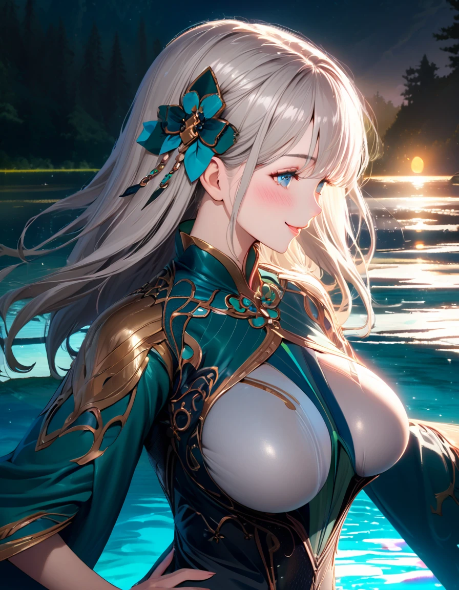 beautiful girl, long pale grey hair, beautiful face,smiling,close up to hips, beautiful breast, in the middle of beautiful lake, (open mouth:0.4),illustration,detailed textures(realists),ultra-detailed,portrait style,vivid colors,soft lighting, blushing, mature, hair fluttering, cool moonlight light, ((half body)), wearing intricate clothes, perky. ((side profile until hips)), hair accessories, cleavages:0.4