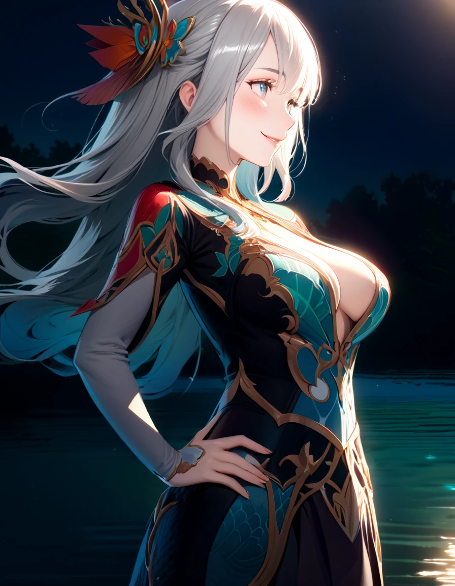  beautiful girl, long pale grey hair, beautiful face,smiling,close up to hips, beautiful breast, in the middle of beautiful lake, (open mouth:0.4),illustration,detailed textures(realists),ultra-detailed,portrait style,vivid colors,soft lighting, blushing, mature, hair fluttering, cool moonlight light, ((half body)), wearing intricate clothes, perky. ((side profile until hips)), hair accessories, cleavages:0.4