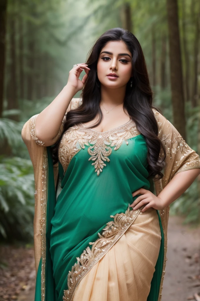 1 Heavenly beautiful and goddess beauty cute and sweet looking face Arabian woman in front of rainy forest, Heavenly beautiful Overweight, Heavenly beautiful Extremely fat, Heavenly beautiful and attractive Chubby figure , Heavenly beautiful looking and eye catching luxury style saree , reaching out, Heavenly beautiful Arabian woman, 16k, High resolution, masterpiece, highest quality, fine skin, close up figure view, Realistic Photograph