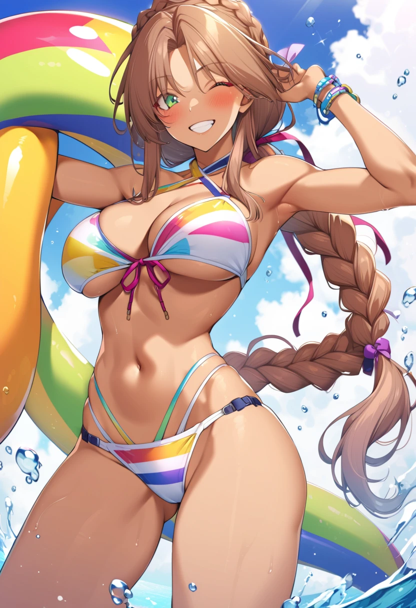 1girl,artist:ao banana,andromeda (fate),andromeda (second ascension) (fate),bare shoulders,bikini,blue sky,blush,bracelet,braid,breasts,(brown hair),cleavage,criss-cross halter, crown braid,dark-skinned female,dark skin,green eyes,grin,halterneck,highleg,highleg bikini,inflatable toy,jewelry,large breasts,long hair,looking at viewer,low ponytail,multicolored bikini,multicolored clothes,navel,one eye closed,rainbow bikini,sidelocks,sky,smile,solo,swimsuit,thighs,water,see through pussy,see through nipples,brown hairm,