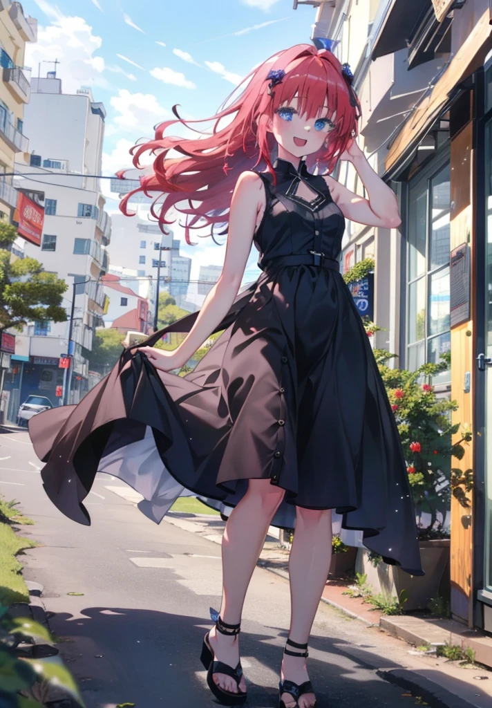(masterpiece, Highest quality:1.2),shape,8K,High resolution,Say something happy smile, smile, Open your mouth,,Redhead,Long Hair,Purple eyes,1 Girl,sleeveless black dress,Bare arms,Black long skirt,Cute Sandals,walking,Daytime,Clear skies,
break looking at viewer,whole body,
break outdoors, Coastal Road,
break (masterpiece:1.2), Highest quality, High resolution, ユニティ 8K 壁紙, (shape:0.8), (Beautiful and beautiful eyes:1.6), Highly detailed face, Perfect lighting, Highly detailed CG, (Perfect hands, Perfect Anatomy),