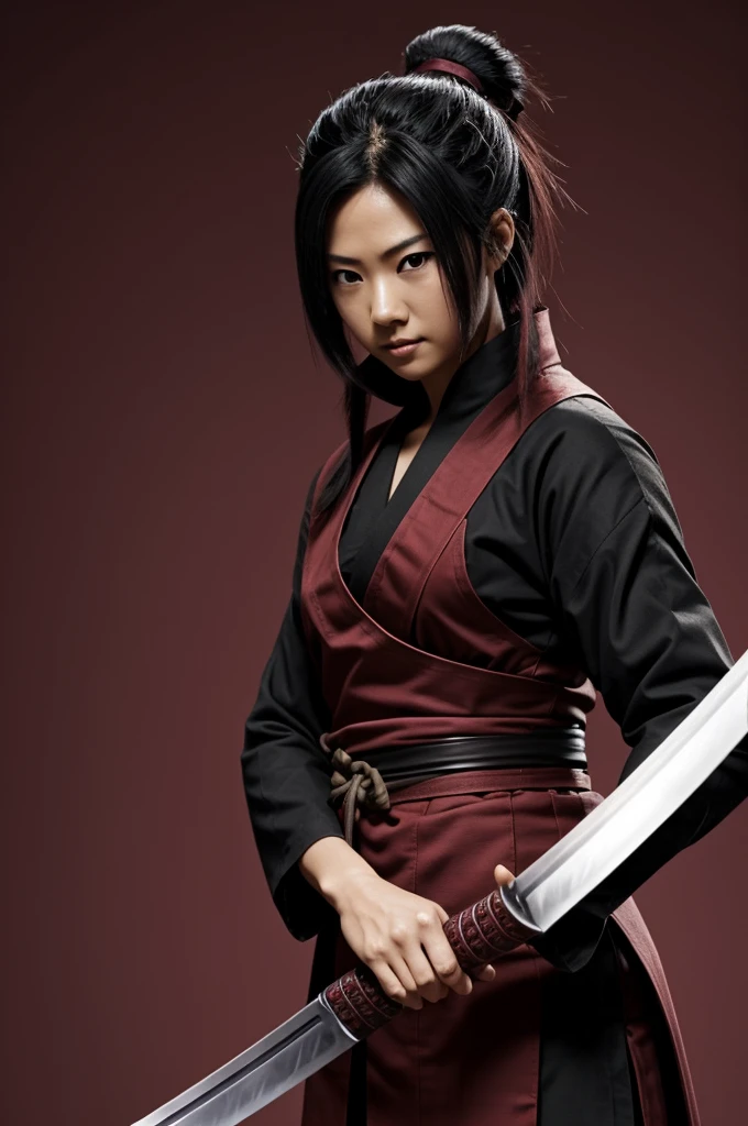 Create a wallpaper for my cell phone that has the katana of Yorichi, the Demon Slayer character, and that the katana is in the middle of a wine-colored background. 