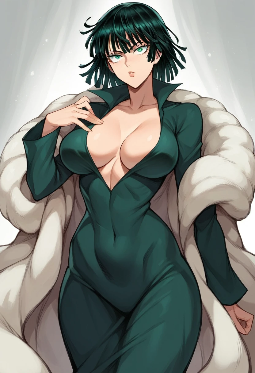 1woman, fubuki(one punch man), big boobies, huge boobies, fully body, breasts out, (perfects eyes),(chest showing), open-chest clothing