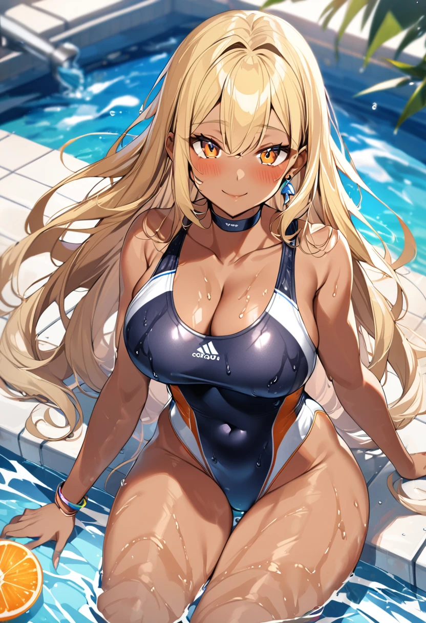 1girl, breasts, dark-skinned female, solo, dark skin, blonde hair, swimsuit, smile, one-piece swimsuit, pool, covered navel, long hair, large breasts, looking at viewer, choker, cleavage, blush, bangs, jewelry, orange eyes, collarbone, wet, earrings, competition swimsuit, highleg, thighs, water