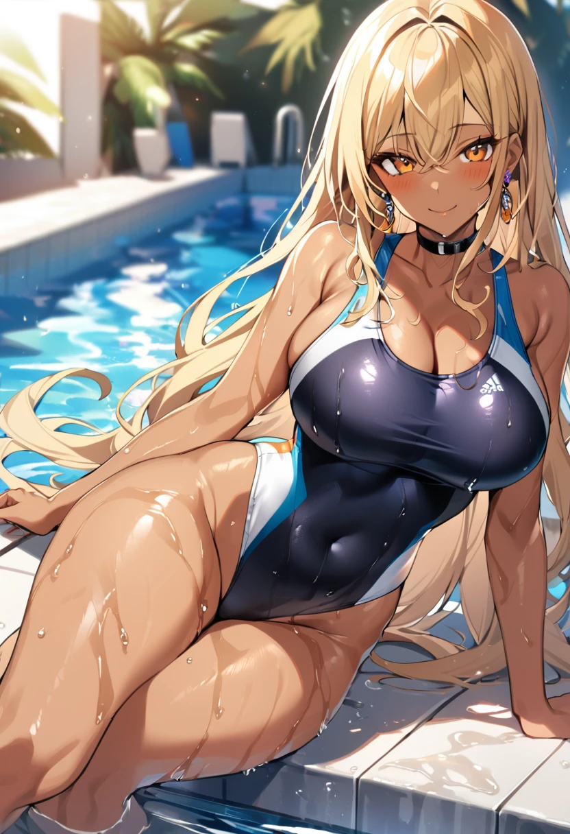 1girl, breasts, dark-skinned female, solo, dark skin, blonde hair, swimsuit, smile, one-piece swimsuit, pool, covered navel, long hair, large breasts, looking at viewer, choker, cleavage, blush, bangs, jewelry, orange eyes, collarbone, wet, earrings, competition swimsuit, highleg, thighs, water