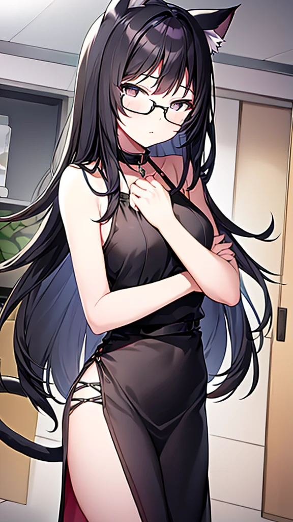 A 20-year-old cat girl with long black hair, gray eyes, cat ears and a cat tail, wears glasses, black long dresses sexy, sleeveless, standing, looking