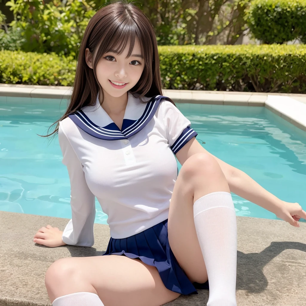 Shiny brown hair　10th generation woman　cuteロリコン　Sailor collar　smile　Wink　Pleated skirt　mini skirt　Lightweight shirt　White knee-high socks　　Lustrous and beautiful skin　　Highest quality　Hakuari　delicate　Flawless　Pool　cute　Mr..々Pause　gravure Pause