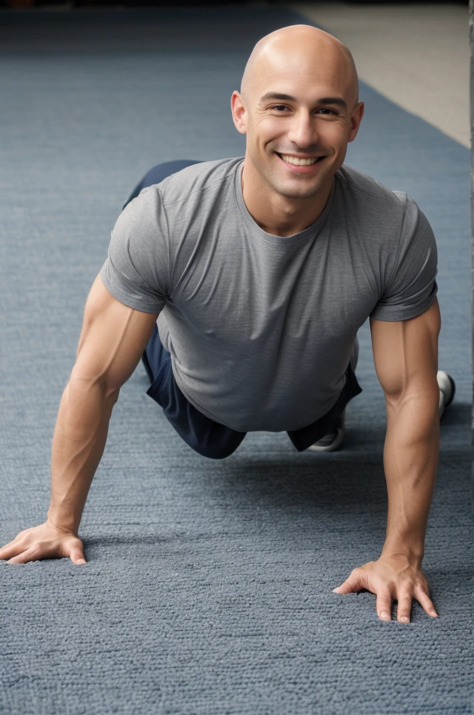 ((8k ((best quality)), ((masterpiece)), (very detailed), real face bald male muscular male full body wear grey shirt doing push ups on blue carpet smiling
