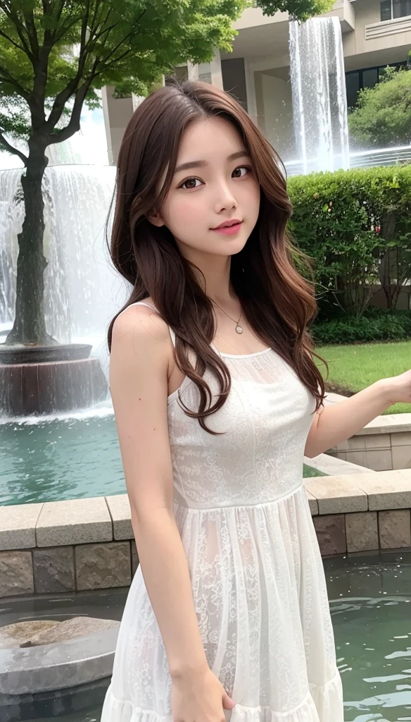 high resolution、Transparency、Woman in Brown Hair、Curly Hair、Wearing a white dress and playing in the fountain。