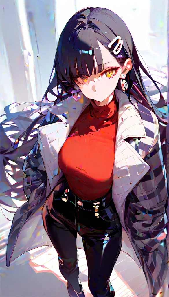 score_9,score_8_up,score_7_up,1girl,solo,earrings,hairclip,very long hair,Houndstooth coat,turtleneck,wide-leg pants,dynamic_angle,looking at viewer,
smeared lipstick,