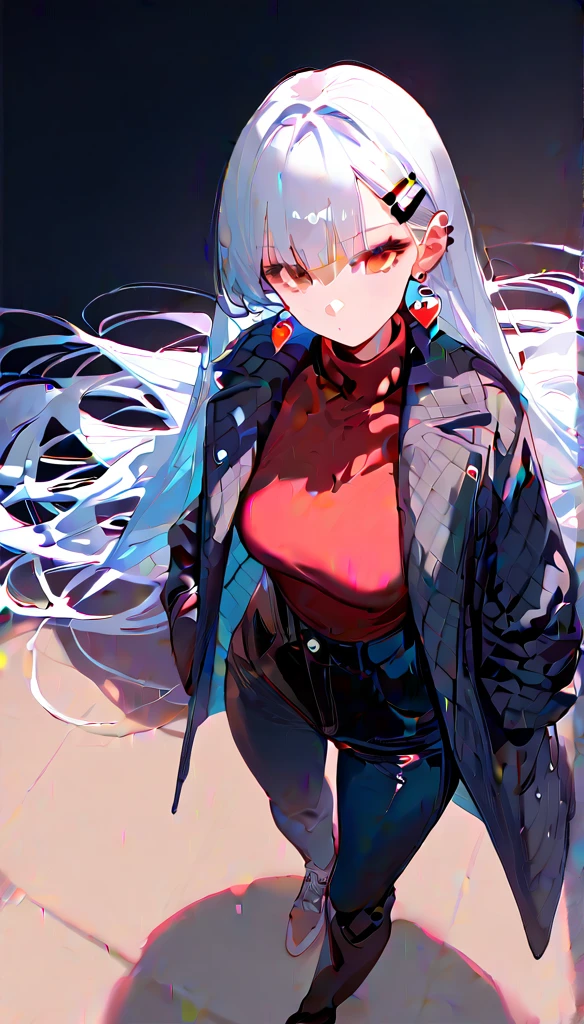 score_9,score_8_up,score_7_up,1girl,solo,earrings,hairclip,very long hair,Houndstooth coat,turtleneck,wide-leg pants,dynamic_angle,looking at viewer,
smeared lipstick,