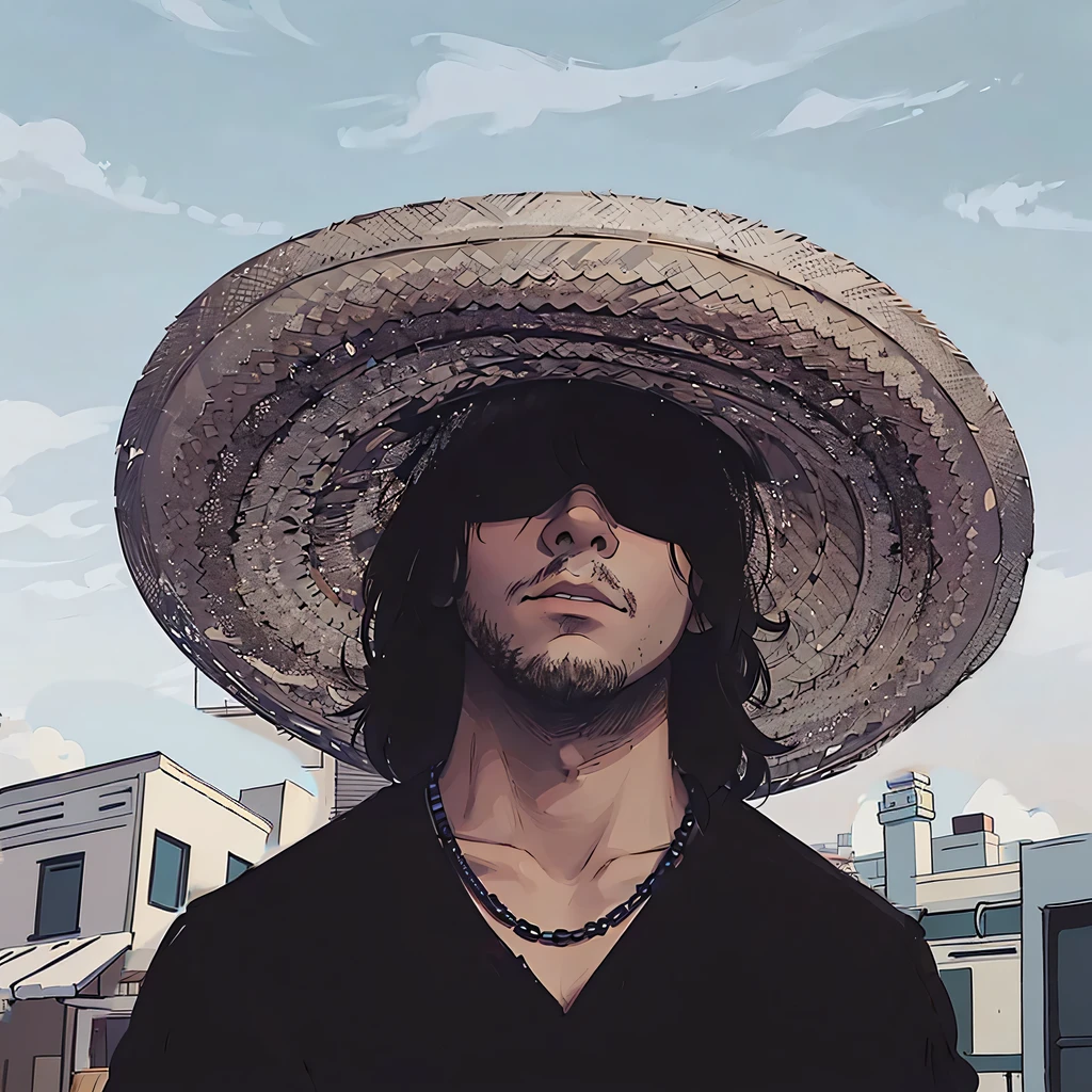 A man is standing outdoors under a clear blue sky with a few wispy clouds. He is wearing a large, woven straw sombrero that casts a shadow over his face, partially obscuring it. He has medium-length dark hair and is wearing dark sunglasses, giving him a mysterious and cool appearance. His expression is serious, with a slightly tilted head. He is dressed in a black shirt with a simple design and a black beaded necklace. The background shows a cityscape with several buildings, some with flat roofs and balconies, adding an urban feel to the scene. The lighting is natural daylight, highlighting the textures of the hat and the man's facial features while creating a contrast between the shadows and the bright sky. The overall style of the image is casual with a hint of ruggedness, and the color palette is dominated by neutral tones with accents of black and brown.