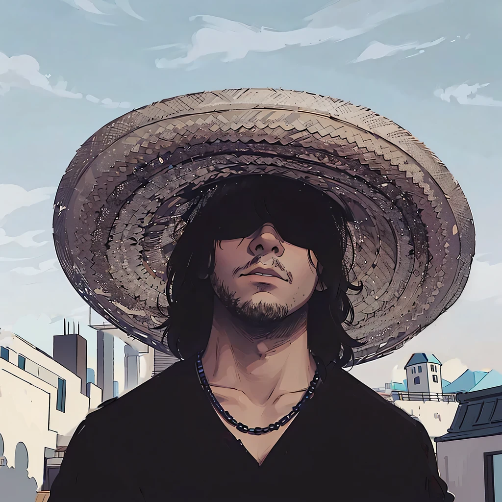 A man is standing outdoors under a clear blue sky with a few wispy clouds. He is wearing a large, woven straw sombrero that casts a shadow over his face, partially obscuring it. He has medium-length dark hair and is wearing dark sunglasses, giving him a mysterious and cool appearance. His expression is serious, with a slightly tilted head. He is dressed in a black shirt with a simple design and a black beaded necklace. The background shows a cityscape with several buildings, some with flat roofs and balconies, adding an urban feel to the scene. The lighting is natural daylight, highlighting the textures of the hat and the man's facial features while creating a contrast between the shadows and the bright sky. The overall style of the image is casual with a hint of ruggedness, and the color palette is dominated by neutral tones with accents of black and brown.