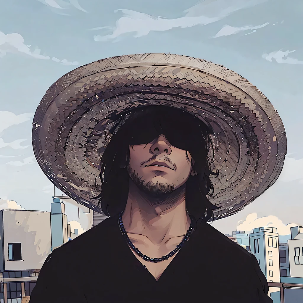 A man is standing outdoors under a clear blue sky with a few wispy clouds. He is wearing a large, woven straw sombrero that casts a shadow over his face, partially obscuring it. He has medium-length dark hair and is wearing dark sunglasses, giving him a mysterious and cool appearance. His expression is serious, with a slightly tilted head. He is dressed in a black shirt with a simple design and a black beaded necklace. The background shows a cityscape with several buildings, some with flat roofs and balconies, adding an urban feel to the scene. The lighting is natural daylight, highlighting the textures of the hat and the man's facial features while creating a contrast between the shadows and the bright sky. The overall style of the image is casual with a hint of ruggedness, and the color palette is dominated by neutral tones with accents of black and brown.