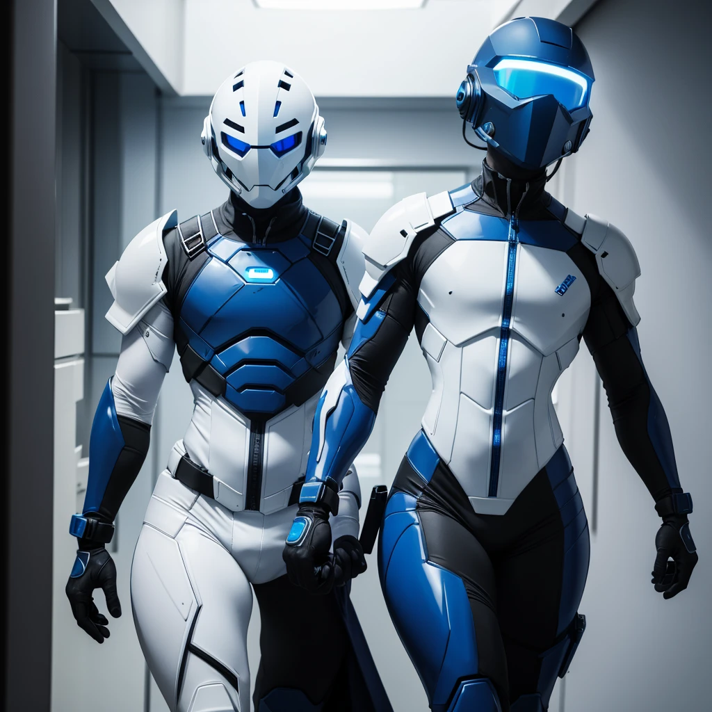 (masterpiece), (best quality), (high res) Solo, (perfect anatomy) Dronificated unknown femenine man in a fully (enclosed blue latex full body armor) (white LEDs across the suit) (white glowing core in the chest), (enclosed cyber helmet) that cover his whole face and hides his identity with a white screen, flat chest, narrow waist, wide hips and thick thigs, (no face) no face, no hair, no mouth, no eyes, in a lab