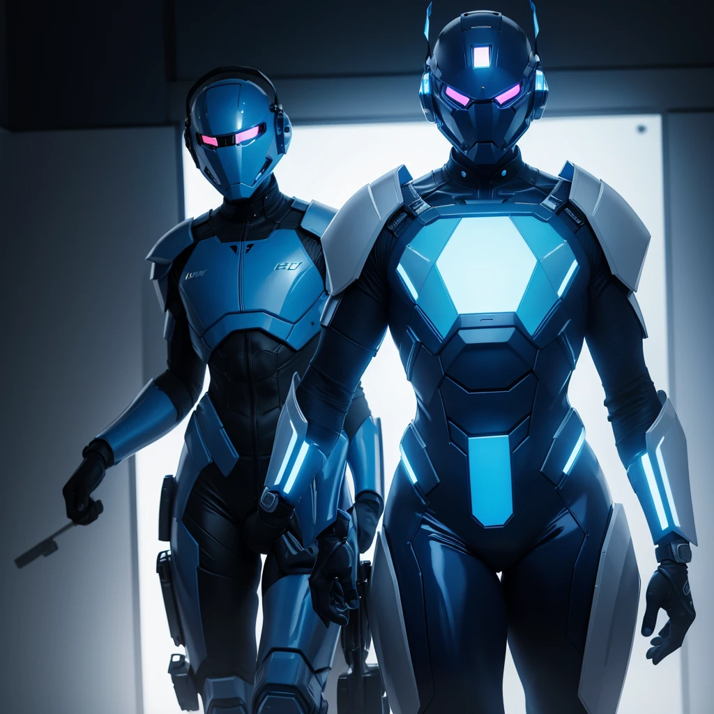(masterpiece), (best quality), (high res) Solo, (perfect anatomy) Dronificated unknown femenine man in a fully (enclosed blue latex full body armor) (white LEDs across the suit) (white glowing core in the chest), (enclosed cyber helmet) that cover his whole face and hides his identity with a white screen, flat chest, narrow waist, wide hips and thick thigs, (no face) no face, no hair, no mouth, no eyes, in a lab
