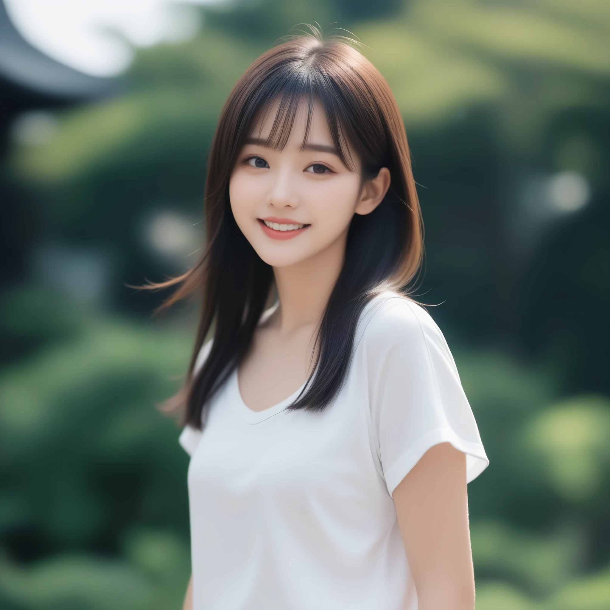 8K, Ultra-high resolution, Highest quality, masterpiece, 三分割法によるphotograph,Surreal, photograph, 1 girl, (16 years old:1.3), pretty girl, Cute face, Beautiful eyes in every detail, 細かくdetailedに,masterpiece,, One Girl:1.2, Japan Female Announcer,whole body、Black Hair、well-groomed eyebrows、Cute Lip Makeup、Urban area,Sprinkling water with a hose,summer,Sparkling sunlight,White T-shirt,Cute gestures、so beautiful,A carefree smile,Healing the heart,blunt bangs,Looking at the audience、beauty,Long neck、Laugh a little、Please close your mouth and laugh、(((Ideal body type))),A-cup small breasts :2,、Portraiture:2、Perfect Anatomy、鮮明なdetailed、detailed、Surreal、Light and shadow,Strong light