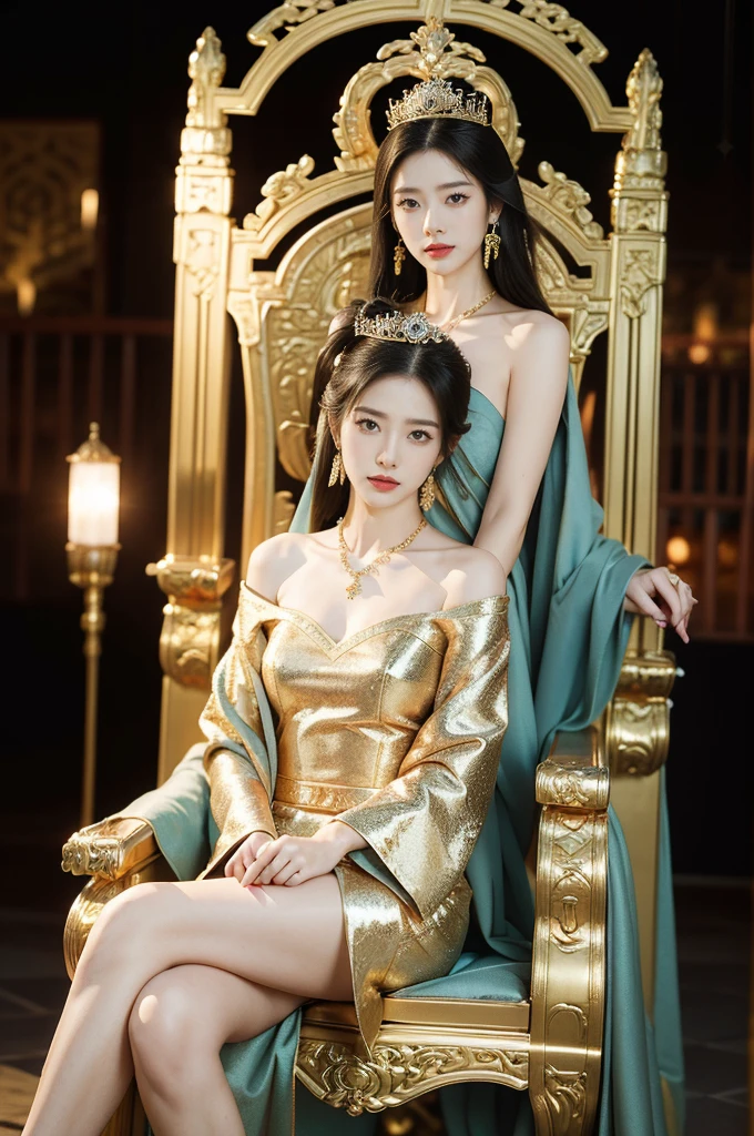 (((best quality))),(((ultra detailed))),(((masterpiece))),illustration,1 girl,solo,slim,thin,shoulder length straight bob hair,earrings,necklace,small breasts,flat chest,slender legs,high heels,Asian appearance,princess,royal,Chinese palace,night scene,magnificent dragon gown,golden crown,intricate embroidery,luxurious fabric,precious stones,(sitting on the metallic throne:1.3),decorative patterns,rich decorations,luxurious furnishings,regal charm,beautiful face,gentle smile,bright eyes,historical,traditional,city lights,modernity,frozen moment,beauty of the past,evolution of time,from front,full body,arms behind back,spread legs apart