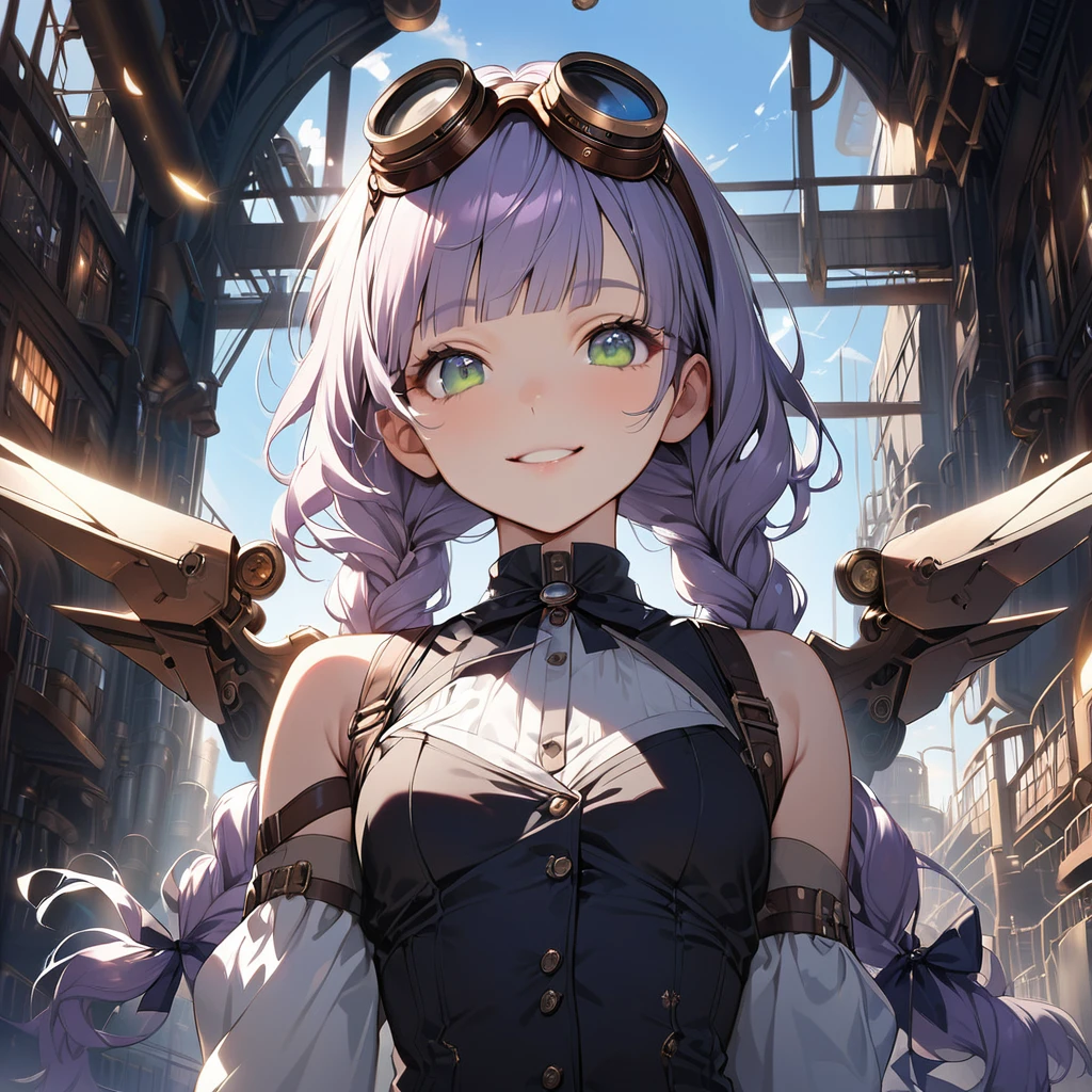 (Cute a girl:1.5), (masterpiece:1.3), anime visual, (a gril with semi long twin braids wavy hair, pale purple blunt bangs hair, dark green eyes,smiling:1.3), (tilt head:1.3), extremely delicate face, realistic lighting and shading, (exceptional, white theme, blue theme,
a girl is wearing a suit with mechanical wings, a black tank top,Steampunk goggles, small breast, she is flying over the sky on a steampunk factory, light coming from behind her, look at viewer, morning lit,