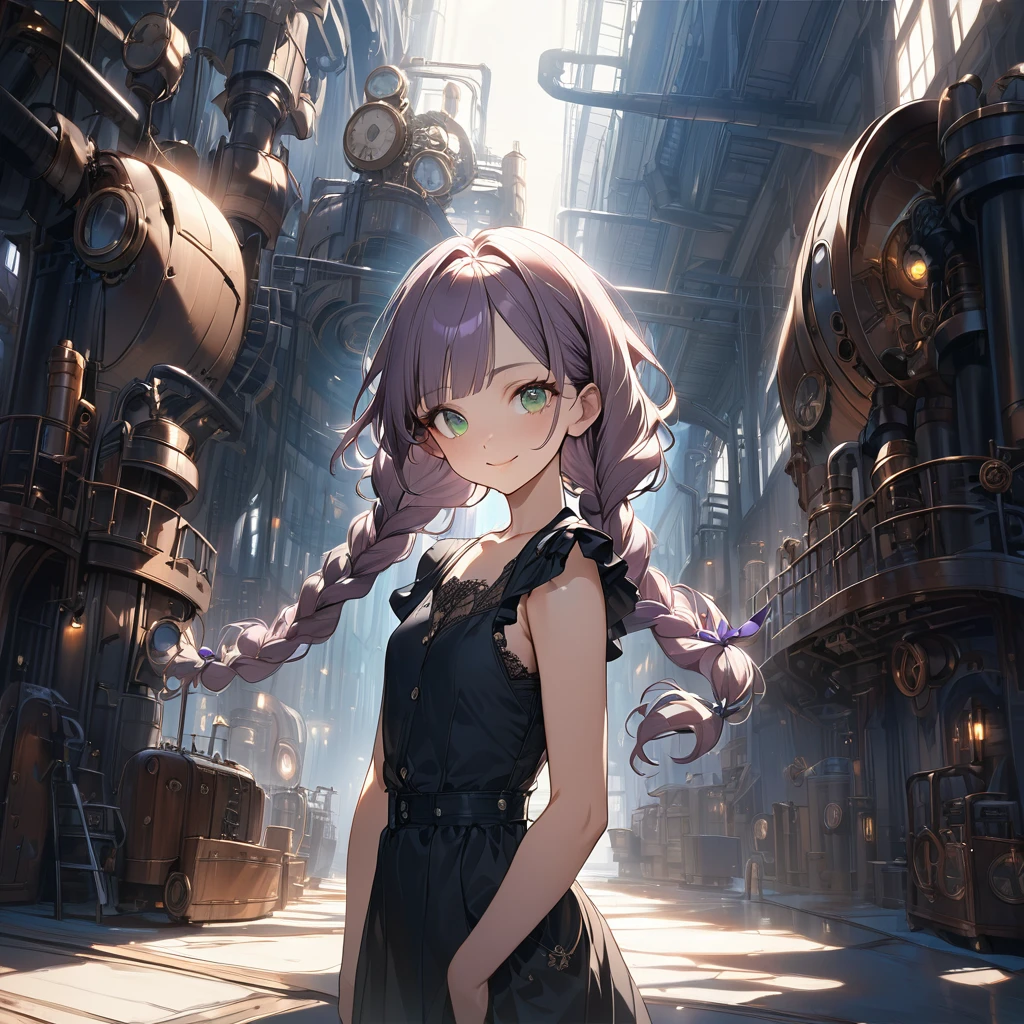 (Cute a girl:1.5), (masterpiece:1.3), anime visual, (a gril with semi long twin braids wavy hair, pale purple blunt bangs hair, dark green eyes,smiling:1.3), (tilt head:1.3), extremely delicate face, realistic lighting and shading, (exceptional, white theme, blue theme,
a girl is wearing a suit with mechanical wings, a black tank top,Steampunk goggles, small breast, she is flying over the sky on a steampunk factory, light coming from behind her, look at viewer, morning lit,