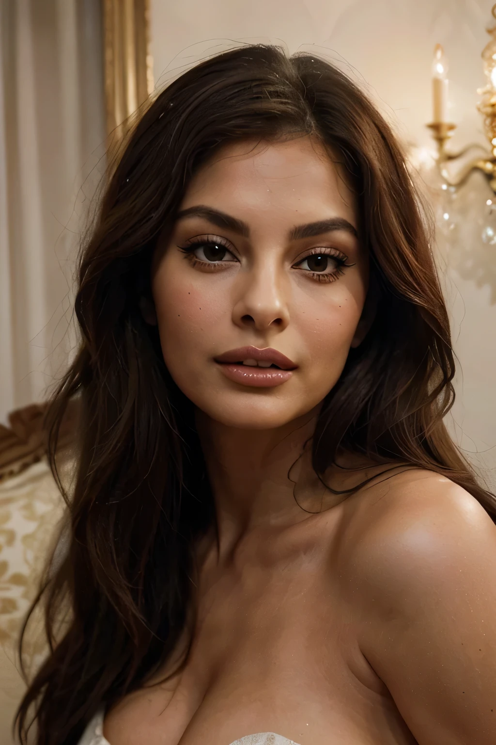 In a close-up portrait that captures timeless beauty and elegance, Sofia Loren's presence is as captivating as ever. Her features, etched with a graceful maturity, exude a magnetic charm that has enchanted audiences for decades. Her almond-shaped eyes, framed by arched brows, hold a depth that reflects a wealth of life experience and wisdom. Loren's iconic dark hair, styled with effortless sophistication, cascades around her face, accentuating her high cheekbones and soft jawline. Her lips, painted in a classic shade of red, curve into a subtle smile that speaks of both strength and vulnerability. The portrait is a testament to Loren's enduring allure and cinematic legacy, capturing her in a moment of quiet intensity that resonates with the grace and poise that have defined her career. Behind her, a soft, diffused light bathes the scene, enhancing the timeless beauty of this legendary actress.