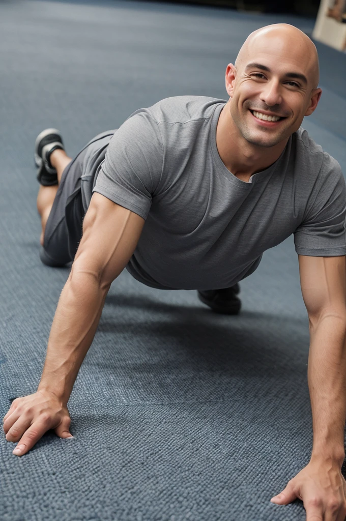 ((8k ((best quality)), ((masterpiece)), (very detailed), real face bald male muscular male full body wear grey shirt doing push ups on blue carpet smiling