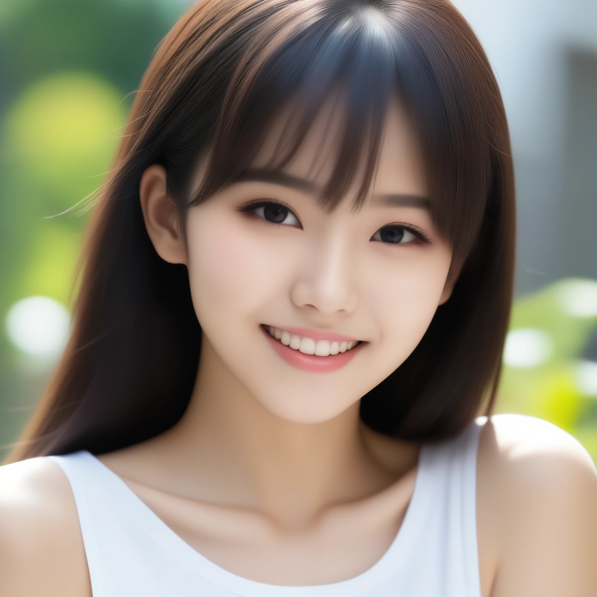 8K, Ultra-high resolution, Highest quality, masterpiece, 三分割法によるphotograph,Surreal, photograph, 1 girl, (:1.3), pretty girl, Cute face, Beautiful eyes in every detail, 細かくdetailedに,masterpiece,, One Girl:1.2, Japan Female Announcer,whole body、Black Hair、well-groomed eyebrows、Cute Lip Makeup、Urban area,Sprinkling water with a hose,summer,Sparkling sunlight,White T-shirt,Cute gestures、so beautiful,A carefree smile,Healing the heart,blunt bangs,Looking at the audience、beauty,Long neck、Laugh a little、Please close your mouth and laugh、(((Ideal body type))),A-cup small breasts :2,、Portraiture:2、Perfect Anatomy、鮮明なdetailed、detailed、Surreal、Light and shadow,Strong light