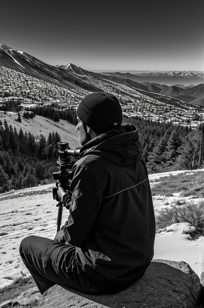 Sniper sitting on the mountain and it is night he is seeing it target and it is in black and white and the view is far away 