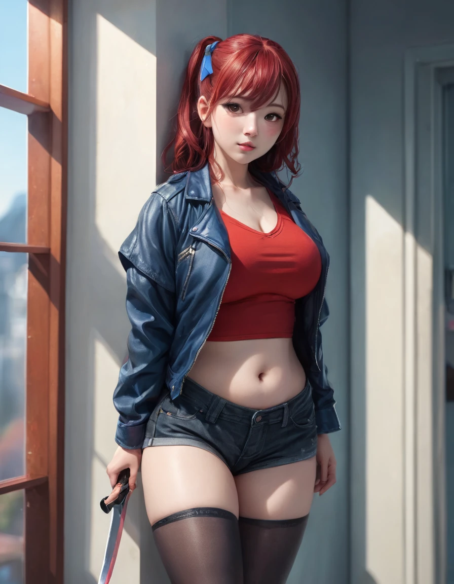 BREAK Perfect Anatomy、Highest quality、(cute:1.1)、(cute)、(High resolution:1.2)、Unbelievably absurd:1.3、Incredible illustrations、(cuteイラスト:1.2)、nsfw,(Beautiful background、Late Night、Bedroom、Red Curtain)、1gial(Red hair、strong wavy hair、ponytail) height 1.6meters, chubby 45kg
,(leather jacket、Short denim、Red Tank Top、Thigh-high stockings)Holding a large knife in his hand、Against the wall、Glaring at me